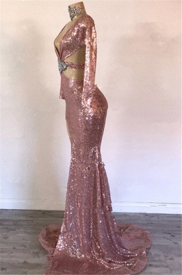 Glamorous Sequins V-Neck Long Sleeve Side Slit Mermaid Long Prom Dresses_2