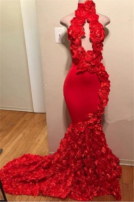 Elegantes rotes Halfter Blume ärmelloses Meerjungfrau Abendkleid_1