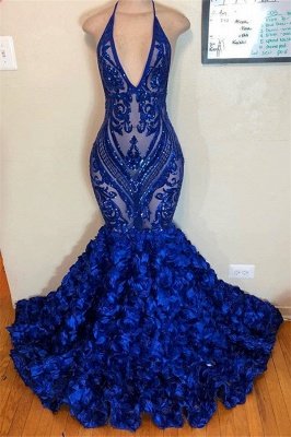 V-neck Halter Sequins Pattern Floral Sweep Train Long Prom Dresses_3