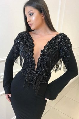 Long Sleeves Sexy Mermaid Deep V-neck Tassel Beading Open Back Prom Dresses_3