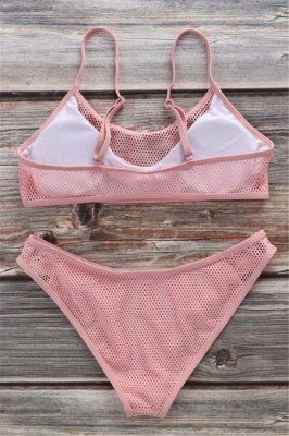 Plain V-neck Mesh Spaghetti Two Piece Sexy Bikini Sets_11