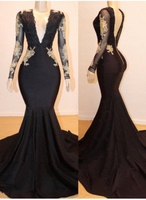 Long Sleeve Appliques Mermaid V-neck Long Prom Dresses  Online_1