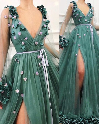 Chic Green Long-Sleeves Tulle Side-Slit  Prom Dress_3