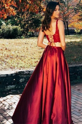 Burgundy Straps Side-Slit Sleeveless Two-Piece A-Line Prom Dresses_2