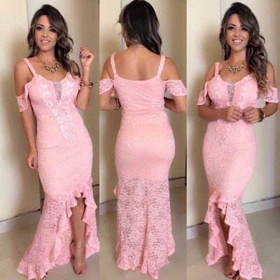 Pink Lace Appliques Off-The-Shoulder Hi-Lo Mermaid Prom Dresses_2