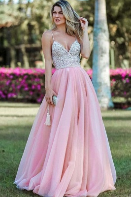 Pink Spaghetti-Straps Appliques Backless A-Line Prom Dresses_1