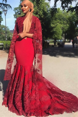 Burgundy Lace Appliques Jewel Neck Long Sleeves Mermaid Prom Dress_1