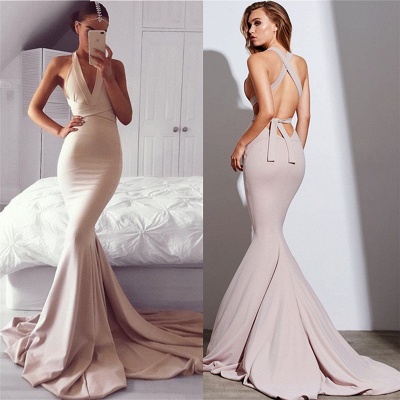 Sexy Mermaid Sleeveless Long Halter V-neck Prom Dress EM0_3