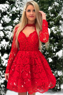 Red Lace Long-Sleeves A-Line Short-Length Homecoming Dresses_1