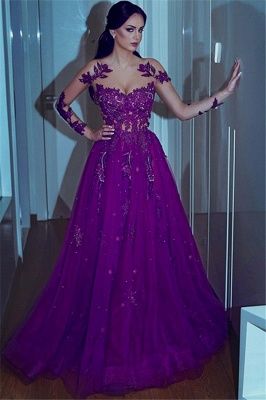 Gorgeous Purple Lace Appliques Long-Sleeves Tulle A-Line Prom Dresses_1