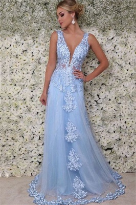 Blue Straps Appliques Sleeveless Tulle A-Line Prom Dresses_1