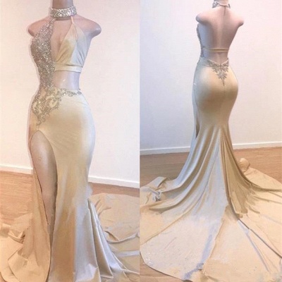 Crystal Halter Side Slit Long Prom Dresses  | Custom Made A-line Open Back Sleeveless Evening Dresses_3