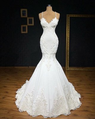 Vestido de novia de sirena sin mangas con apliques de tirantes finos elegantes_1