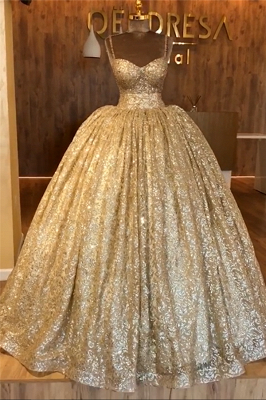 Luxury Sequins Ball Gown Princess A-line Sweetheart Gold Beaded Evening Gown with Spaghetti Straps