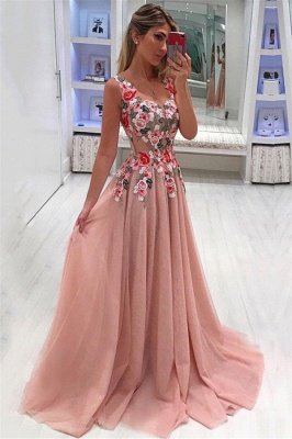 Flower Appliques Straps Simple Prom Dresses | A-Line Sleeveless Evening Dresses_1