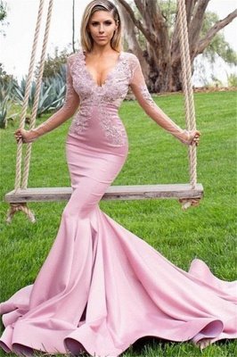 Pink Appliques V-Neck Long Sleeves Mermaid Prom Dresses_1