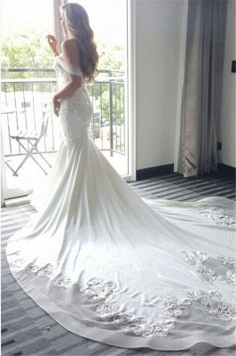 Elegant New Arrival Mermaid Sexy Off The Shoulder Train Beautiful Lace Appliques Wedding Dresses_3