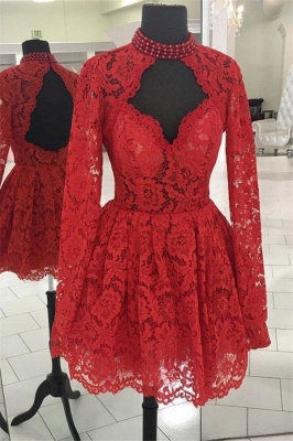 Red Lace Long-Sleeves A-Line Short-Length Homecoming Dresses_2