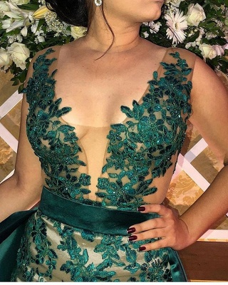 Green Straps Appliques Side-Slit Sleeveless A-Line Prom Dress_2