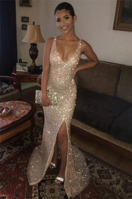 Sexy Sequins Straps V-Neck Side-Slit Mermaid Evening Dresses_1