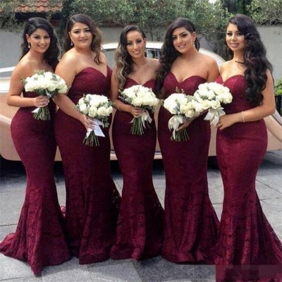 Sweetheart-Neck Mermaid Burgundy Long Lace Bridesmaid Dress_4