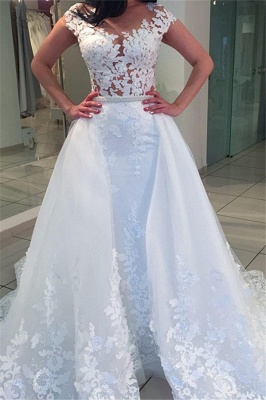 White A-Line Romantic Cap Sleeve Bridal Gowns | Lace Wedding Dresses  Online_2