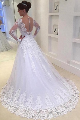 A-Line Tulle Elegant Lace Appliques Custom Made V-Neck Beadings Long Sleeve Wedding Dress_3