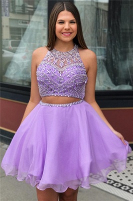 Purple Crystal Halter Sleeveless Two-Piece Home-Coming Dresses_1