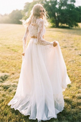 Elegant Two Piece Long Sleeves Chiffon Lace New Arrival A-line Wedding Dresses_5