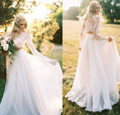 Elegant Two Piece Long Sleeves Chiffon Lace New Arrival A-line Wedding Dresses_6