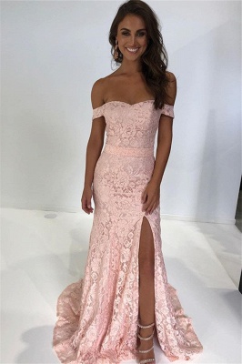 Pink Off-The-Shoulder Lace Side-Slit Mermaid Prom Dresses_1