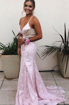Elegant Pink Spaghetti-Straps Lace Backless Mermaid Prom Dresses_1