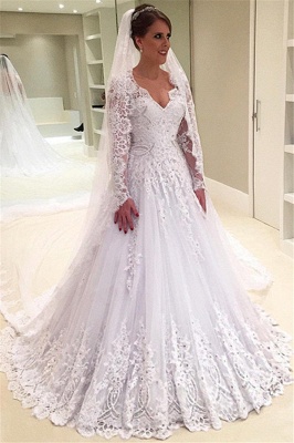 A-Line Tulle Elegant Lace Appliques Custom Made V-Neck Beadings Long Sleeve Wedding Dress_2