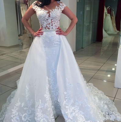 White A-Line Romantic Cap Sleeve Bridal Gowns | Lace Wedding Dresses  Online_4