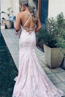Elegant Pink Spaghetti-Straps Lace Backless Mermaid Prom Dresses_2