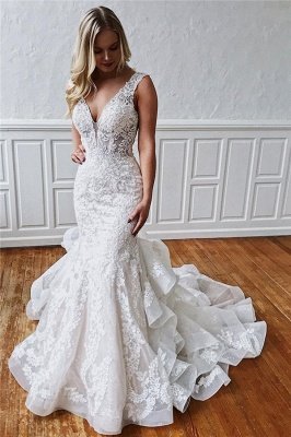 Classic Mermaid Ruffles Lace Wedding Dresses | V-neck Sleeveless Bridal Gowns  Online_1