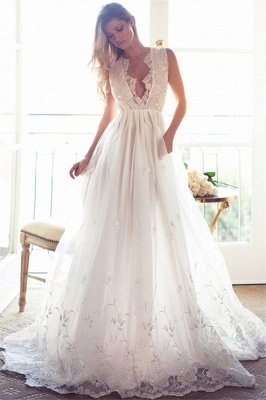 A-Line Sleeveless Gorgeous Princess Lace Custom Made V-Neck Wedding Dresses_2