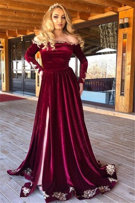 Burgundy Off-The-Shoulder Velvet Long Sleeves Evening Dresses_1
