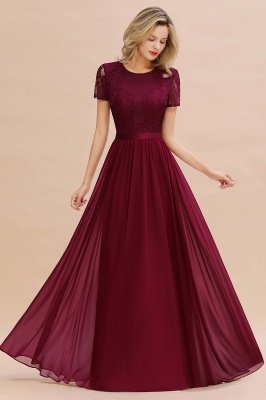 Elegantes Chiffon-Spitzenjuwel Kurzarm-Brautjungfernkleid Bodenlang A-Linie Hochzeitsgastkleid_1