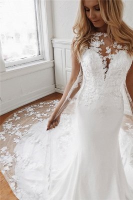 Sleeveless Lace Wedding Dresses  Online | Mermaid Bridal Gowns with Long Train_1