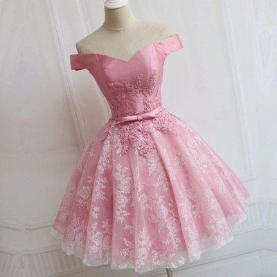 Schulterfrei nach Maß A-Linie Applikationen Bowknot Pink Elegant Sexy Short Homecoming Kleider_3
