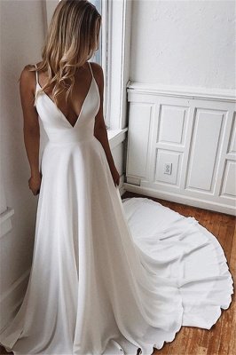 Sexy Simple Spaghetti Straps Satin Bridal Gowns | Open Back  Beach Wedding Dresses_1