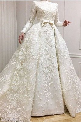 Robes de mariée de luxe perlées en dentelle à manches longues et à manches longues avec sur-jupe CD0071_2