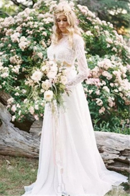 Elegant Two Piece Long Sleeves Chiffon Lace New Arrival A-line Wedding Dresses_4