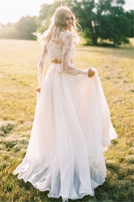 Elegant Two Piece Long Sleeves Chiffon Lace New Arrival A-line Wedding Dresses_5