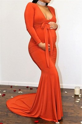 Glamorous Long Sleeve V-Neck Pregnant Mermaid Long Prom Dresses_2