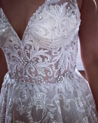 Amazing Straps Crystals Belt White Wedding Dresses |  V-Neck Appliques Lace Bridal Gowns_2