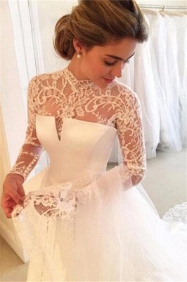 High Neck Vintage Lace Wedding Dresses  | Open Back Long Sleeve Satin Bridal Gowns_2