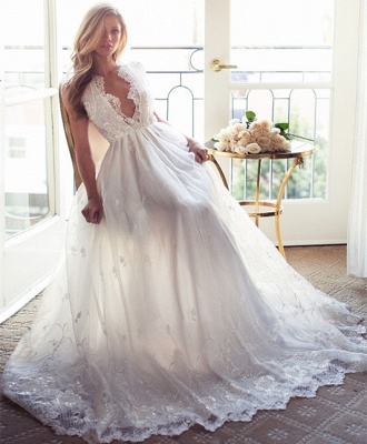A-Line Sleeveless Gorgeous Princess Lace Custom Made V-Neck Wedding Dresses_4