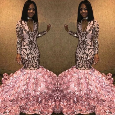 V-Ausschnitt Langarm Pink Flowers Prom Dresses Günstige | 2021 Meerjungfrau Applikationen Sexy Abschluss Kleid bc1363_3